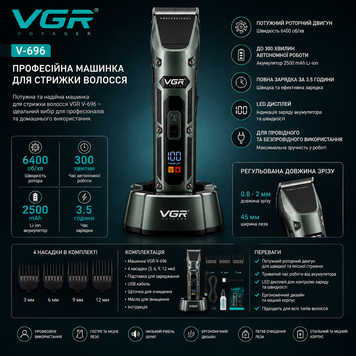 Профессиональная машинка для стрижки VGR V-696 аккумуляторная, 4 насадки VGR-V696 фото